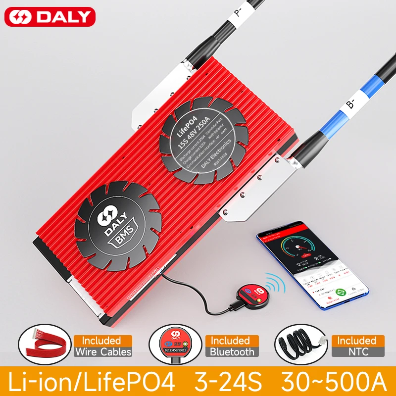 Li-íon Esperto de Daly com bt para a Bateria 18650 Lifepo4 16s 48v Bms 3s 4s 12v 7s 8s 24v 10s 36v 13s 20s 80a 100a 150a 200a 250a 500a