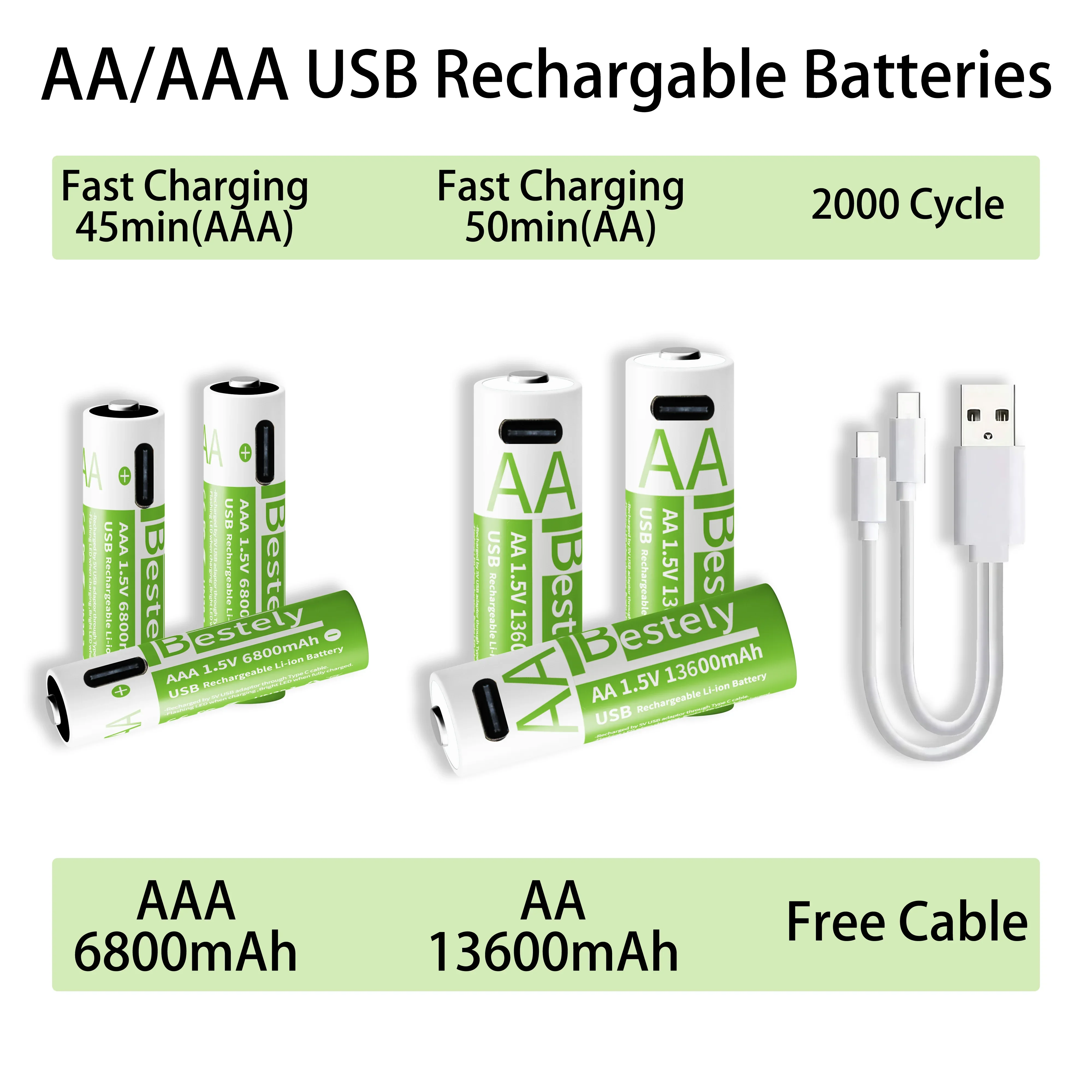 Nuove batterie al litio ricaricabili da 1,5 V AAA 6800 mAh + AA 13600 mAh Batteria agli ioni di litio USB a ricarica rapida 2000 cicli con cavo USB-C - immagine 2