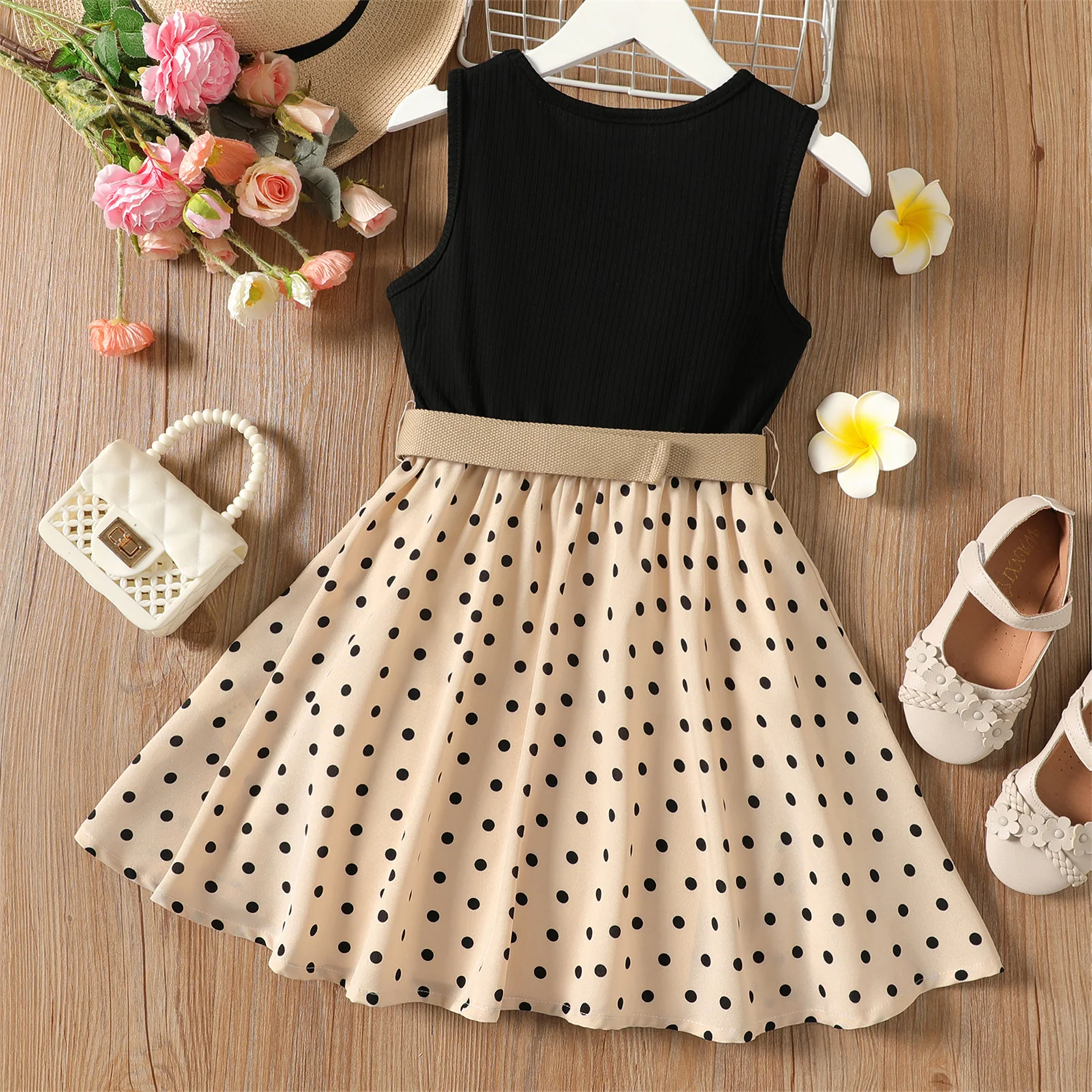 Girl Dresses Kids Clothes Girl Polka Dots Ribbed Girls Splice Sleeveless Dress & Belt 2pcs PatPat girls dress