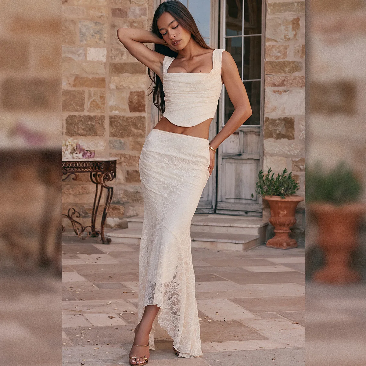 

Women's Square Neck Backless Fishbone Top, Lace Fishtail Skirt, 2-Piece Set, Lace Embroidered Skirt, Sexy Party Suit, 2024