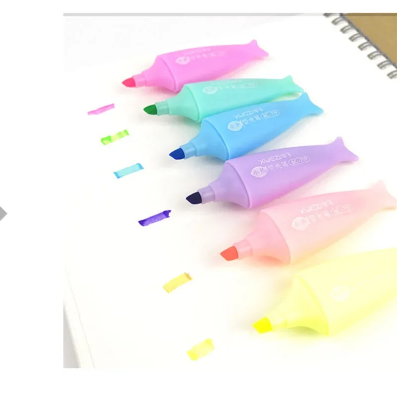 6 Colors Cute Mini Highlighter Lovely Cartoon Paint Marker Pen School Office Office Stationery Supply Fish Shape Kawaii Funny unique pencil box durable 3 colors pen holder lovely dinosaur egg shape pencil case for gifts pen holder