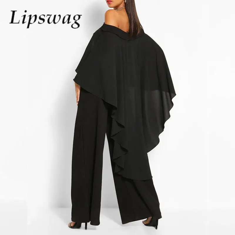 

Elegant Off Shoulder Chiffon Shawl Jumpsuit Solid Women High Waist Straight Pant Romper Office Lady Fashion Slash Neck Overllas