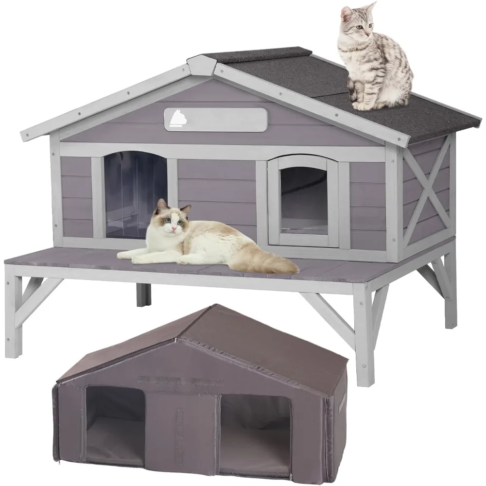 Outdoor Cat House Weatherproof Large Cat Shelter with Insulated Liner for Multiple Cats, Condos for Indoor Cats