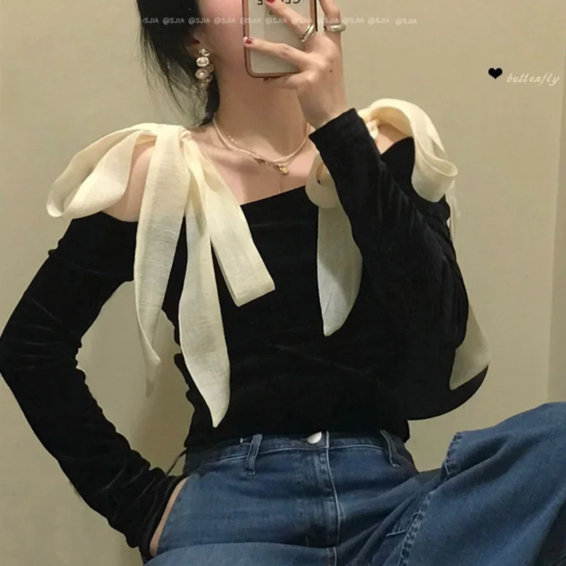 

Lace Black Velvet Blouse Women Slash Neck Sexy Temperament Fashion Chic Korean Style Slim Long-sleeved T-shirt 2023 New Clothing