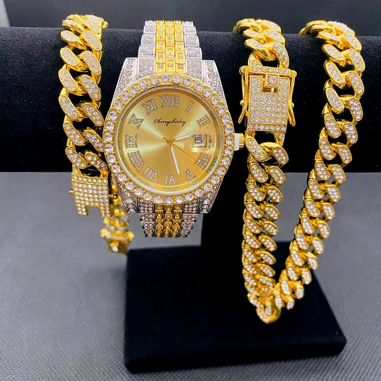Mens Watches Set Luxury Hiphop full Iced Out Watch Gold Diamond Rhinestone  Watch With Belt Wallet Tie Sunglass Gift Box For Male - AliExpress