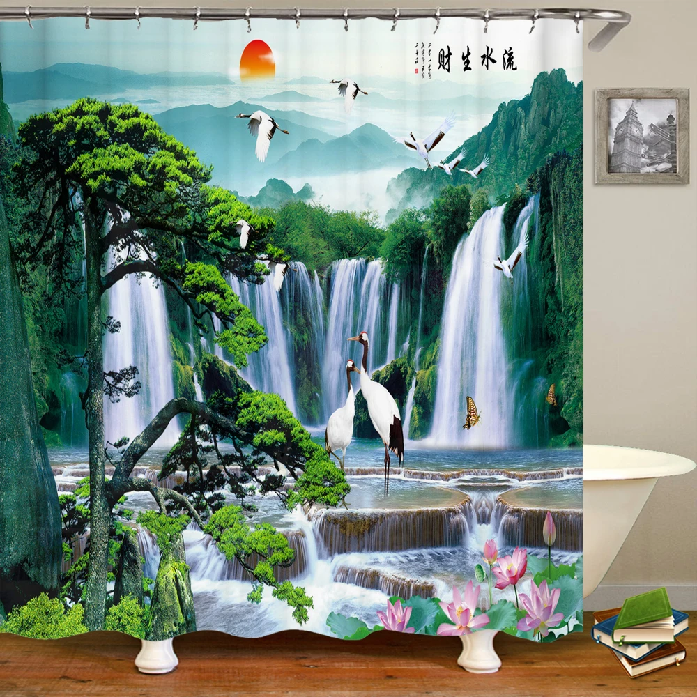 

3d Printed Waterfall Mountains Forest Scenery Shower Curtain Polyester Fabric Waterproof Bathroom Curtain With Hooks 180*180