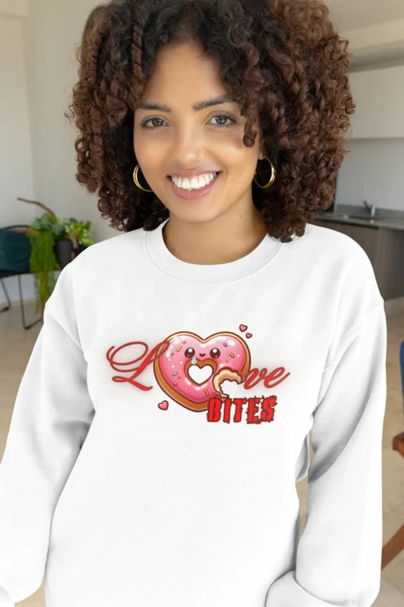 Love Bites Valentine's Day Tee Humorous Funny Cute Sweet Cartoon Donut Sweatshirt Unisex Sweetheart Pullover Trendy Crewneck Top