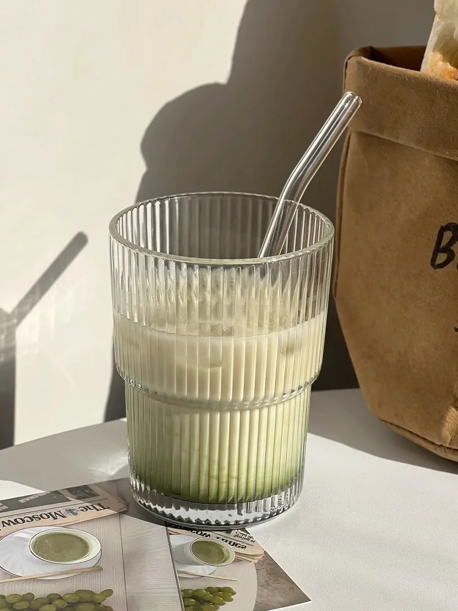 Description Picture 5 of item1/2PCS 450ml Stripe Glass Cup Transparent Glasses with Lid and Straw Ice Coffee Mug Tea Cup Juice Glass Milk Water Cup Drinkware