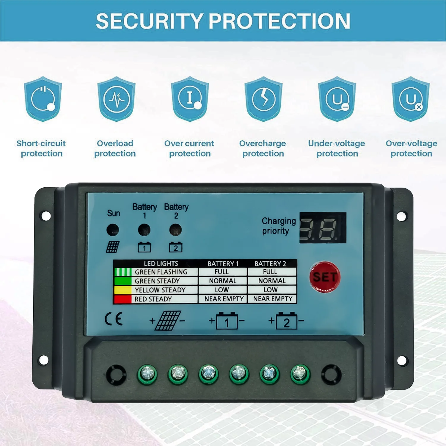 Dual-Battery Solar Controller - 10A/20A/30A PWM for 12V/24V Systems - Two Batter