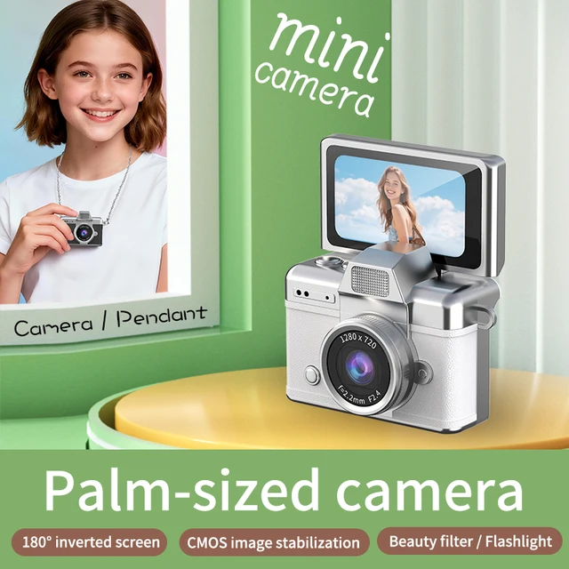 Thumb Camera Retro Mini Digital Camera 1.47-inch HD 180° Flip Selfie Screen Portable Camera Keychain CCD with 8/32GB Card
