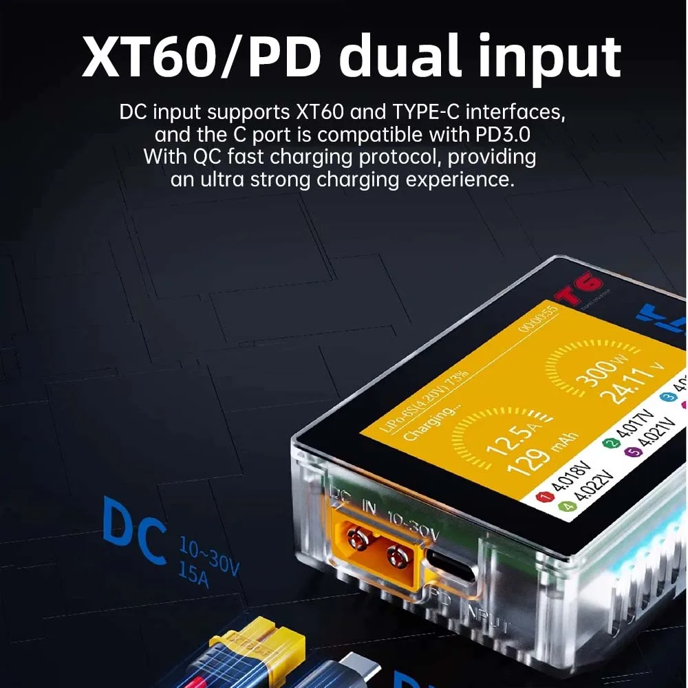 HOTA T6 Smart Charger  DC/PD Dual Input 300W 2.4IPS Supports XT60 and TYPE-C Interfaces Compatible  PD3.0 FPV RC Battery Charger thumbnail 3