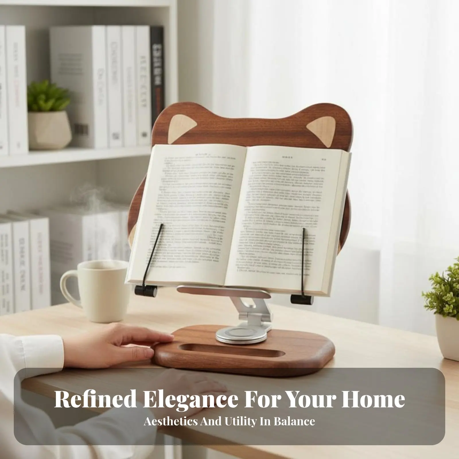 조절 가능한 나무 책꽂이 360도 회전 조절 가능한 독서 트레이 독자들을 위한 다기능 인체공학적 디자인
