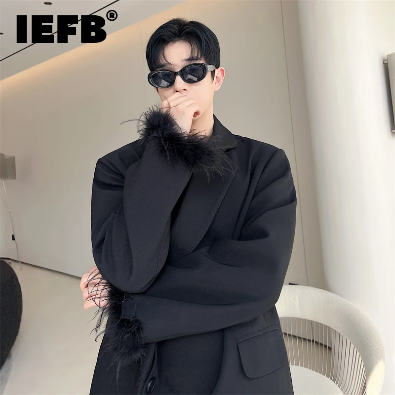 

IEFB Elgance Men's Suit Coat Korean Style Luxury Detachable Fur Decoration Niche Design Trend Male Casual Blazer 2023 New 9C2124