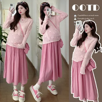 Maternity Suit Spring Autumn 2026 Breathable Pink Knit Hollow Out Top And Pleated Skirt Two Piece Set For Pregnant Women