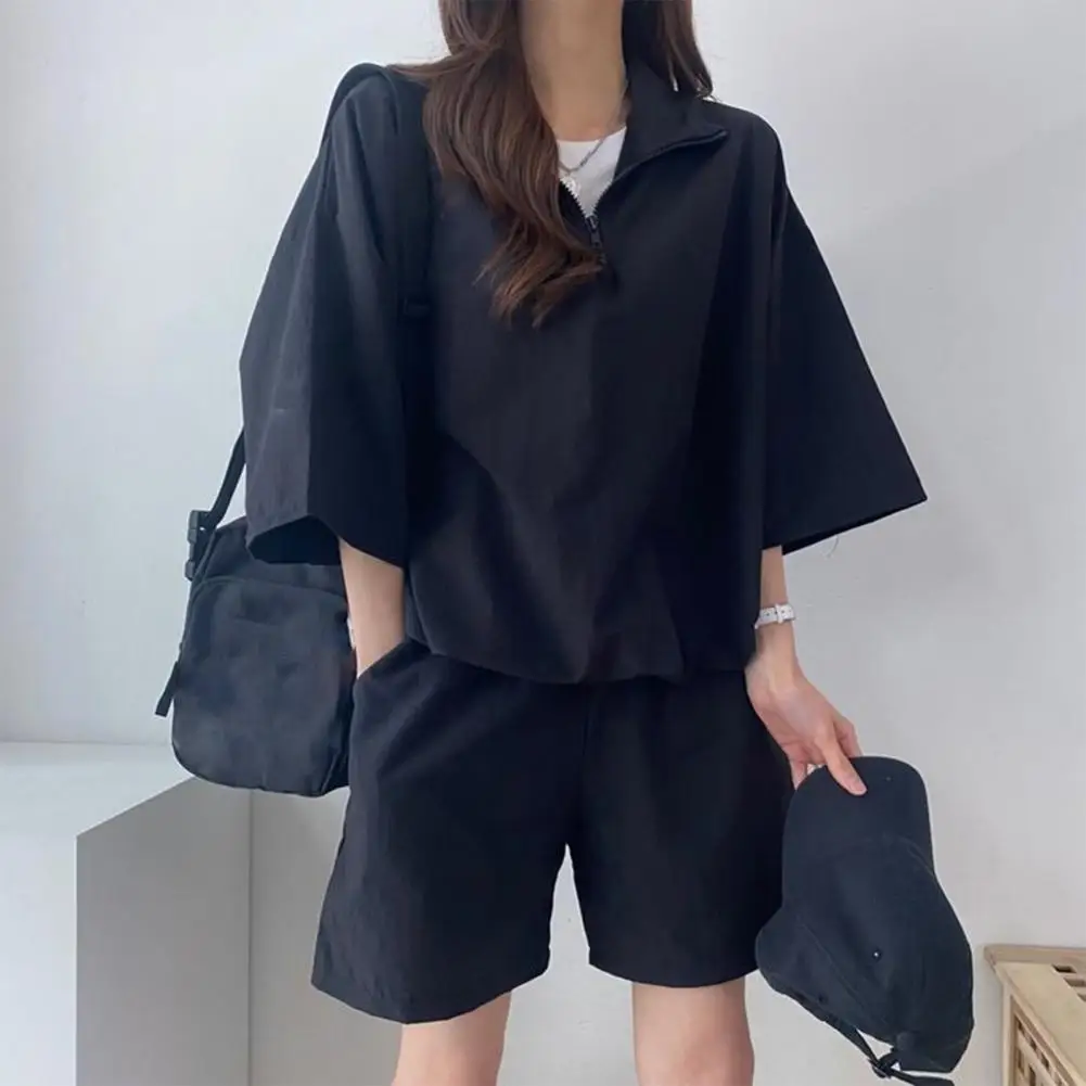 

Женский спортивный костюм из 2 предметов, однотонный свободный костюм с отложным воротником, молнией и карманами, костюм большого размера с коротким рукавом