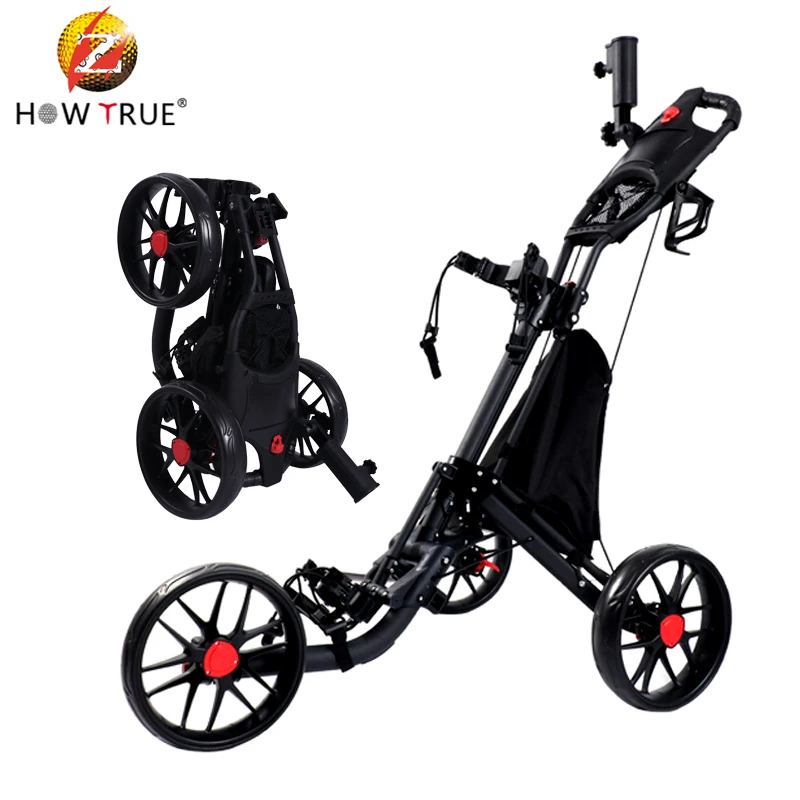 Folding Golf Trolley, 3-Wheel Pull Push Cart with Storage Bag Multi-Function Panel Umbrella Stand
