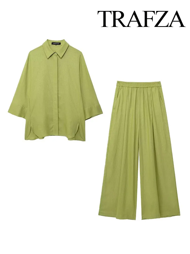 TRAFZA 2024 Women 2 Piece Set Elastic Waist Pocket Folds Decorate Wide Leg Pants+Solid Single-Breasted Slit Hem Blouse Top TRAF