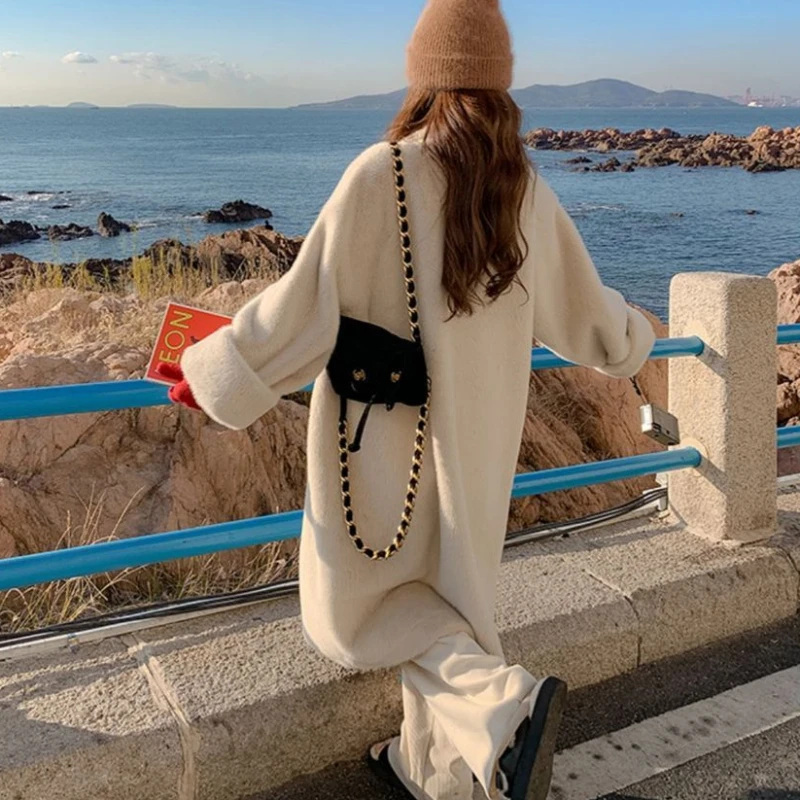 2023 Autumn and Winter New Women Faux Fur Coat Loose Thicken warm Long outwear Suit Collar imitate Mink-like Wool Fur Overcoat