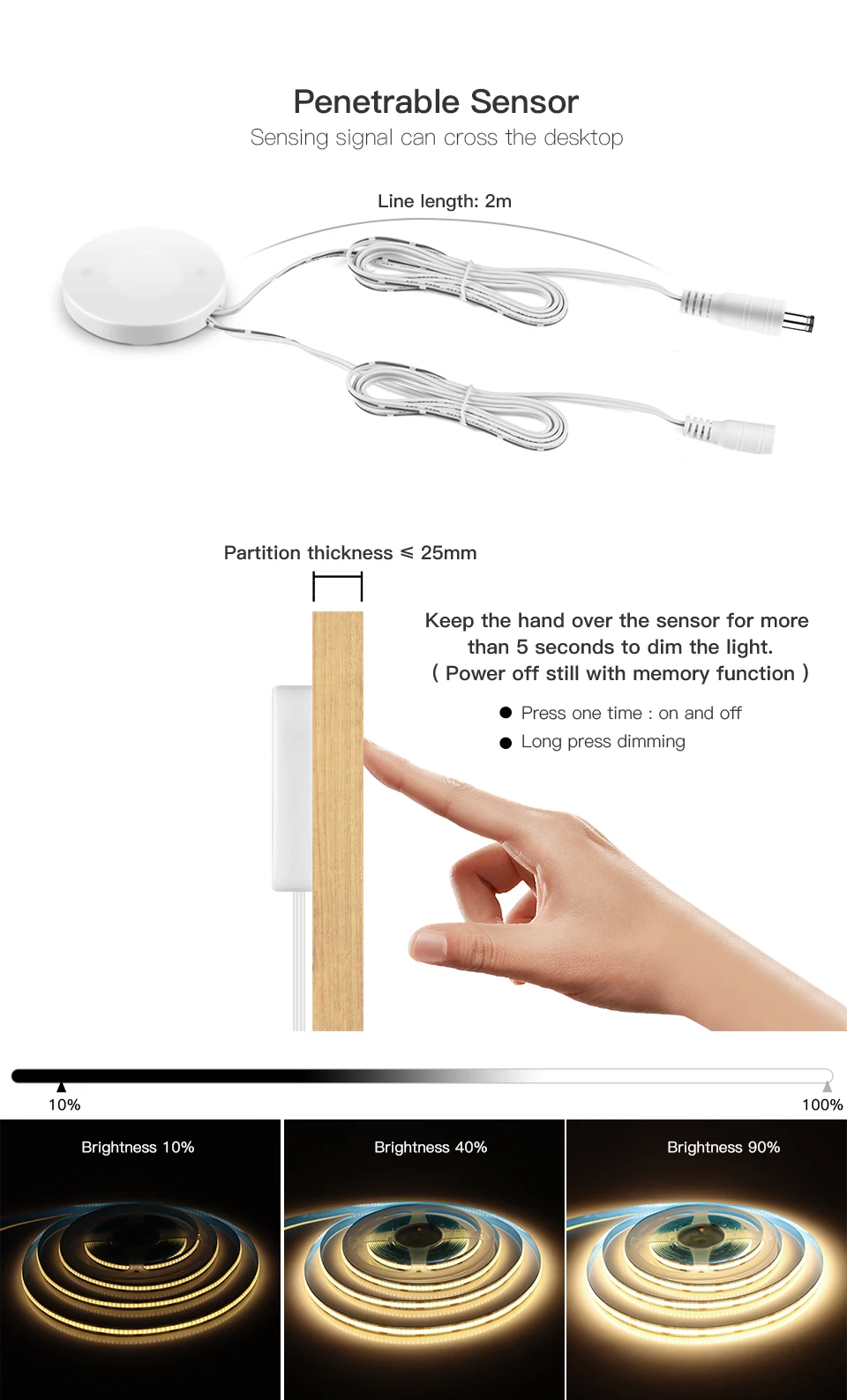 Description Picture 6 of itemHand Scan Induction and Touch Dimming COB LED Strip Light 24V Waterproof LED Tape Light Ribbon Room Kitchen Cabinet Lighting