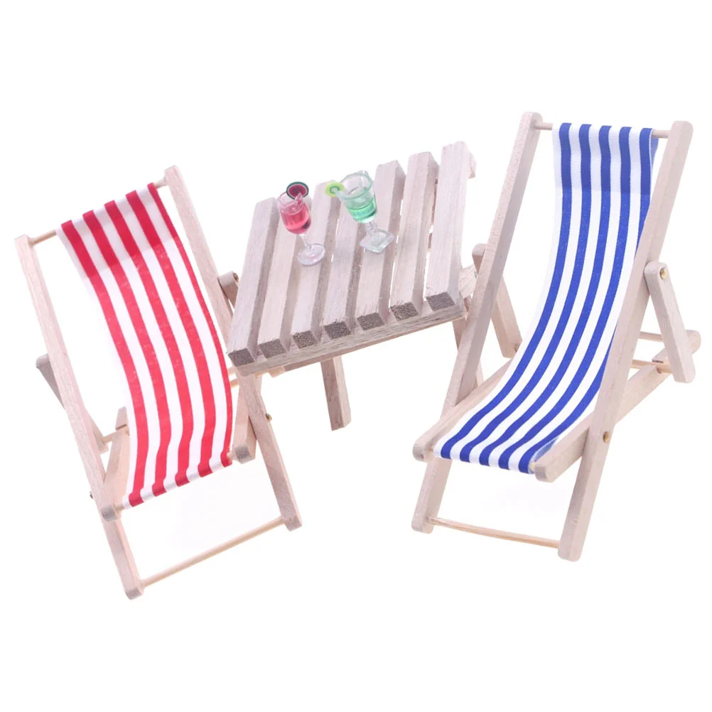 

Chaise Longue House Mini Beach Striped Deck Chair Model Miniature Table Ornaments 5 Pieces Seaside Chairs Wood Lounge Prop