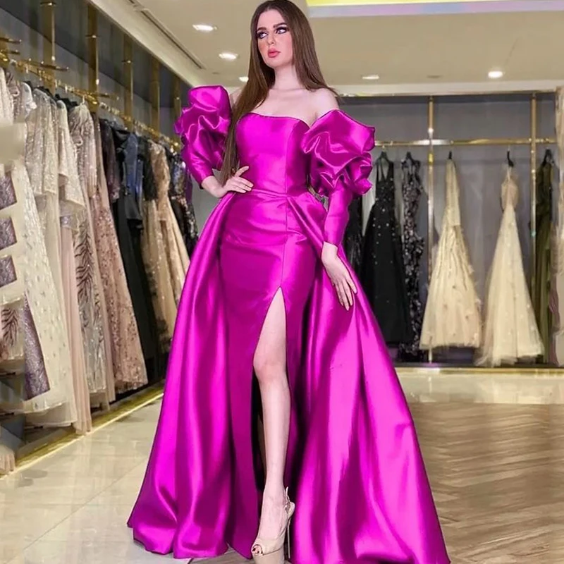 

Rose Red Mermaid Prom Dresses Puff Sleeve Side Split Formal Evening Dress Saudi Arabia Floor Length Cocktail Party Gowns