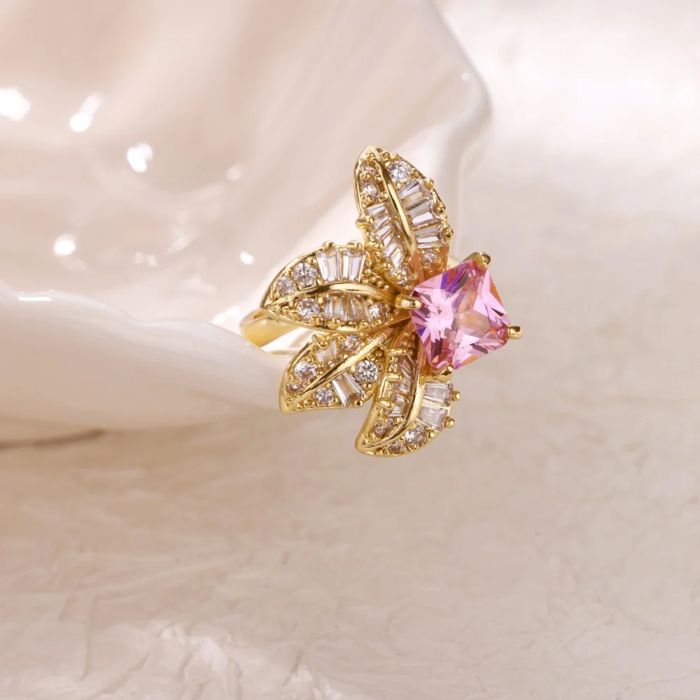 Pink Zircon Flower Rings For Women