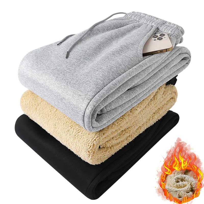 Men Autumn Winter Pants Thickened Fleece Outerwear Casual Warm Lamb Wool Sports Sweatpants