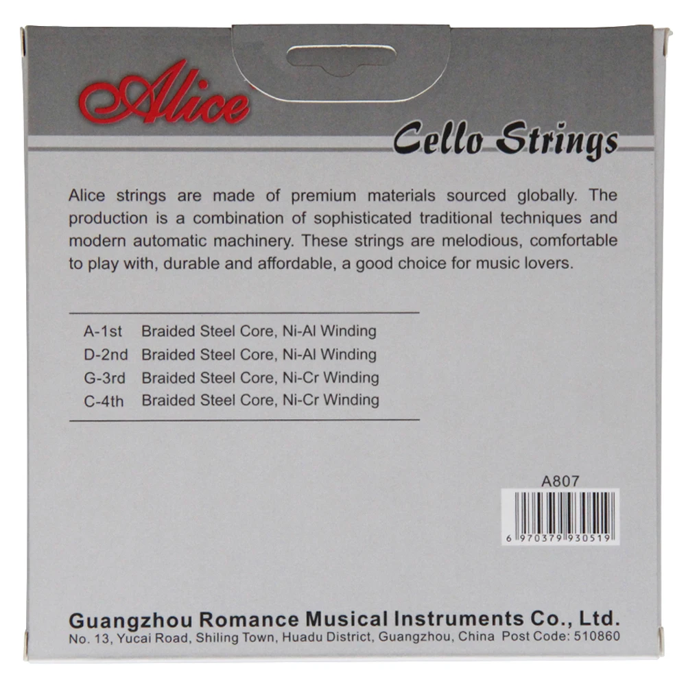 Alice A807 Concert Level Braided Steel Core Ni-Al Ni-Cr Soft Sweet Resonant Tone Cello Strings