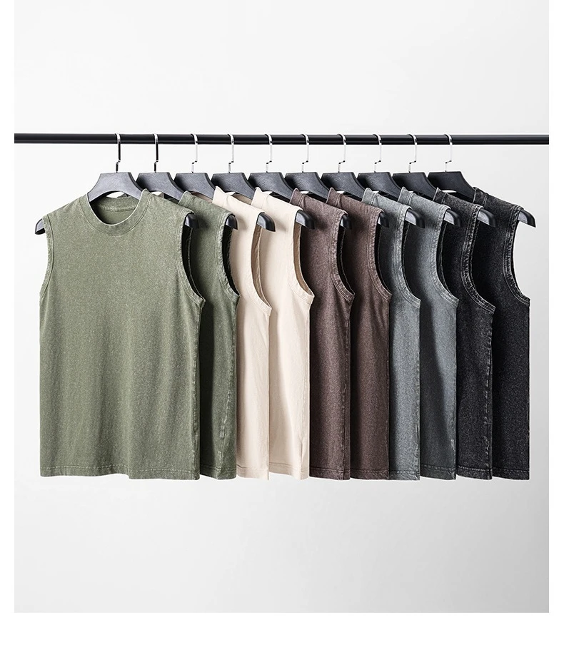 230g Pure Cotton European and American High Street Retro Washed Distressed Sleeveless Vest Men's Casual Loose Shoulder T-shirt