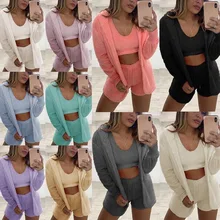 2022 Women's 3 Piece Set Velvet Plush Hooded Cardigan Coat Shorts Crop Tops Tracksuit Casual Sports Long Sleeve Sweatshirt Suits