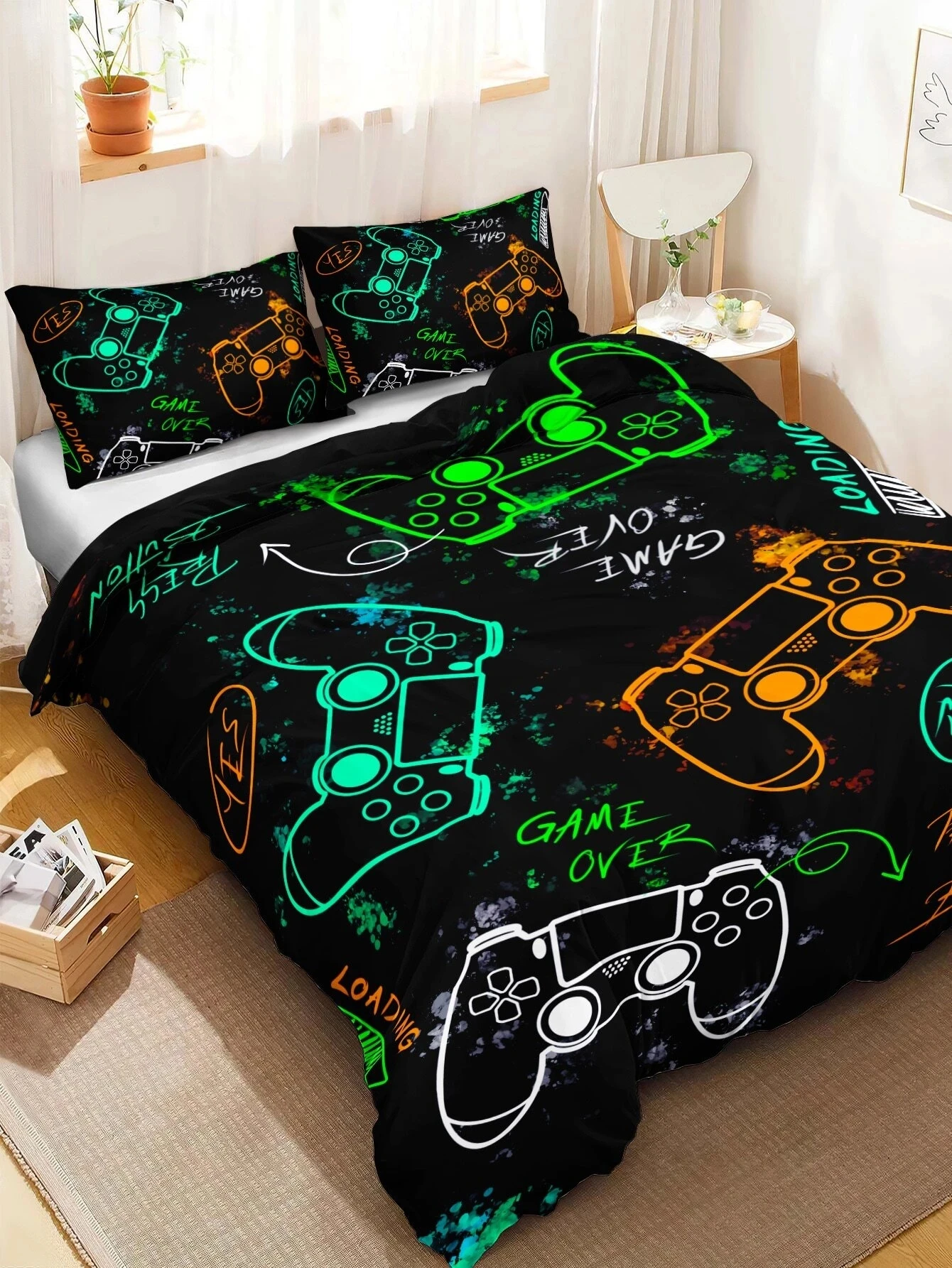 Home Bedding Set Boy Man Cool Home Textiles Vintage Unique Design Game  Handle Printed White Background Bedding Suit,Queen (90x90)