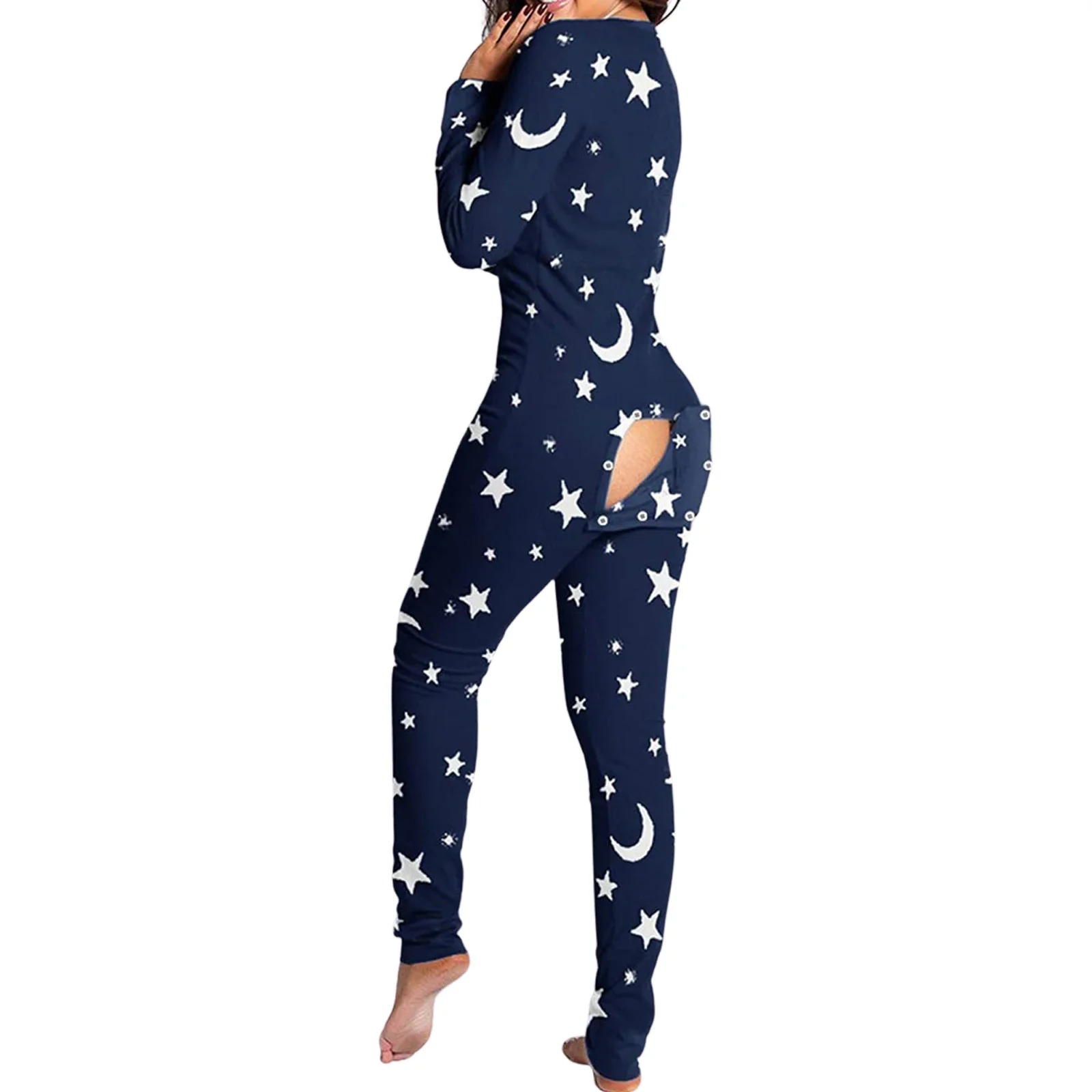 Combhasaki Women's Long Sleeve V Neck Bodycon Onesies Stretchy Functional Buttoned Flap Pjs Sleepwear Romper Jumpsuit
