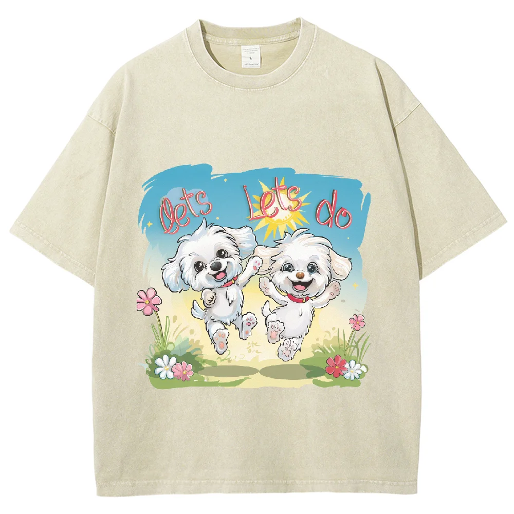 

Y2K Washed Vintage kawayi Cartoon Dogs Tshirt, Cute Cartoon Maltese Running Tshirt, Streetwear Short Tshirt For Men Women