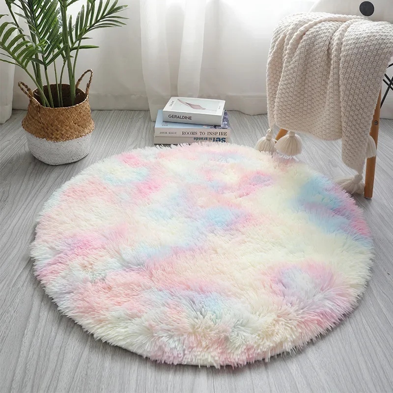 

Nordic Living Room Long-wool Tie-dyed Carpet Modern Household Bedroom Bedside Round Floor Mat Decor Rugs Home Non Slip Cushion