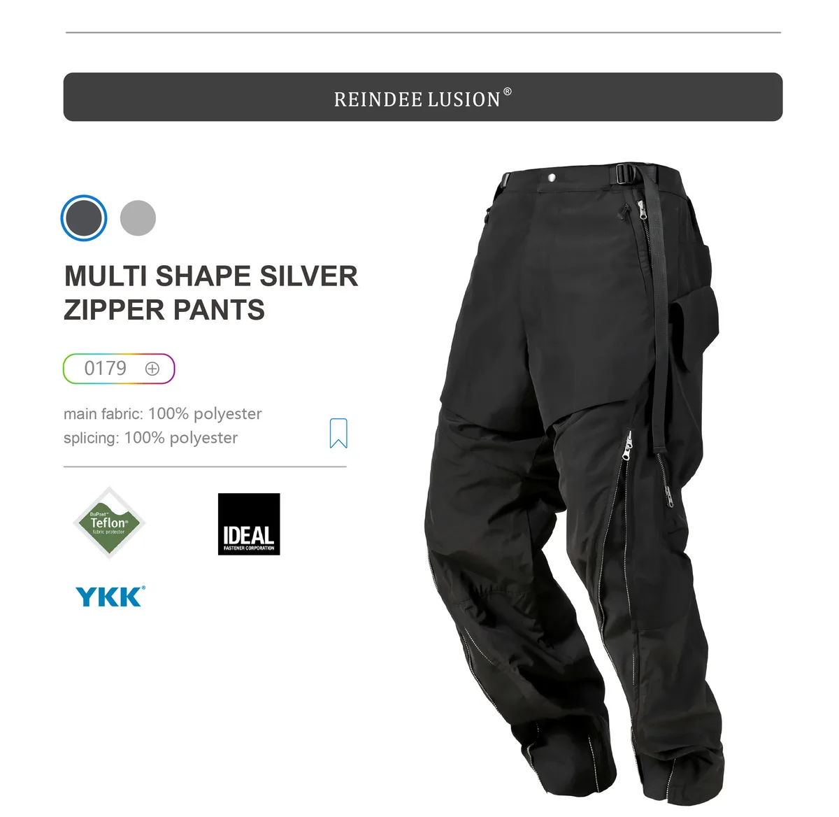 Reindee Lusion 22FW Multishape silver zipper cargo pants multiple pockets flexible adjustment techwear gorpcore