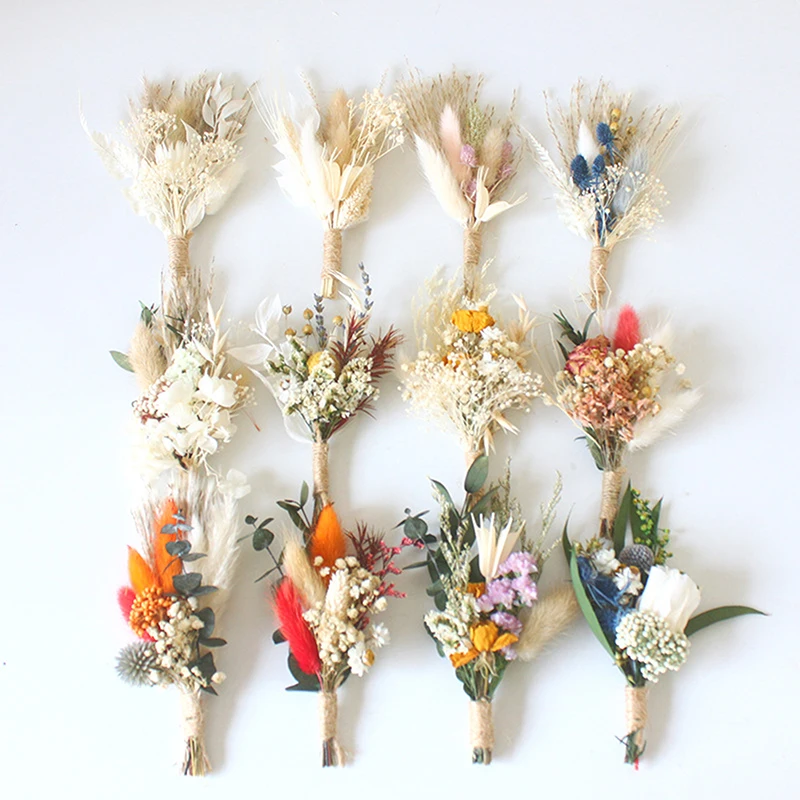 Mini Natural Dry Flowers Bouquet Boutonnieres Groomsmen Buttonholes Bridesmaid Flower Corsage Brooch Christmas Wedding Decor