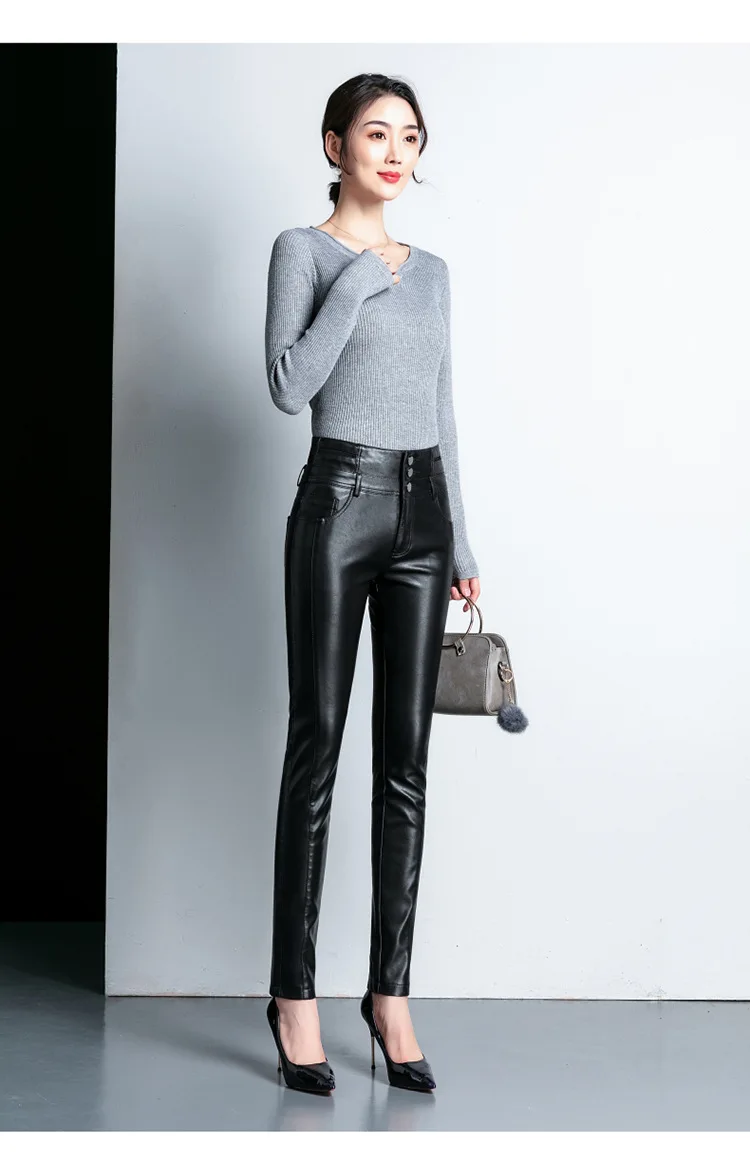 Warm Leather Women Pants Black Button Skinny Pencil Pant High Waist Pocket Soft Straight Thick Slim Trousers Autumn Winter 2021