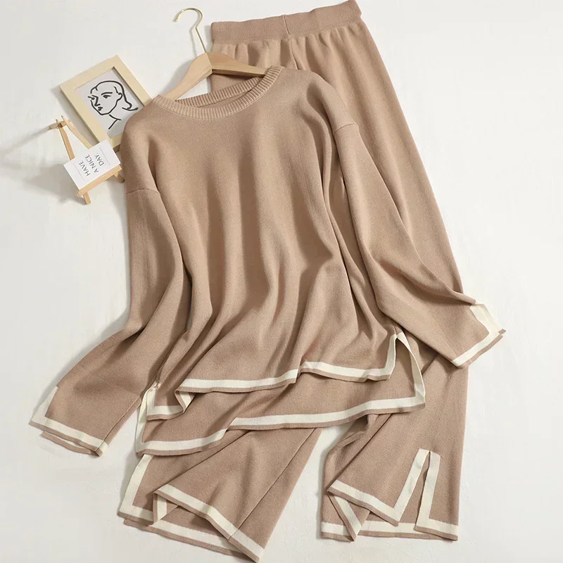 HS0325 2022 knitted sweater two-piece suit autumn and winter loose casual wide-legged pants set