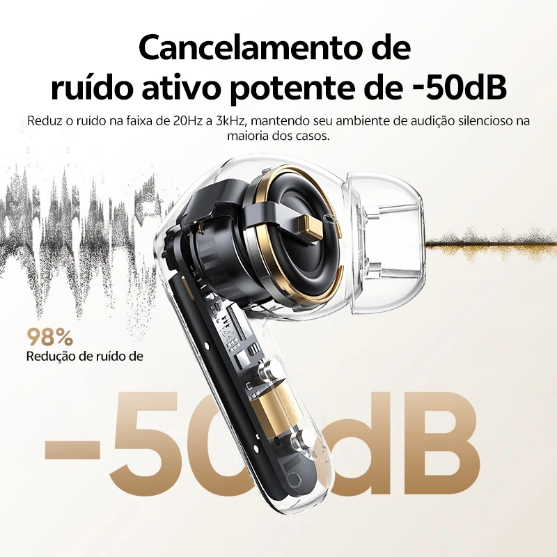 Fones de Ouvido Sem Fio QCY Melobuds N20 BH25HT20A Bluetooth 6.0 - ANC Adaptativo de -50dB, Drivers de 13mm, 6 Microfones, Chamadas HD, 40 Horas de Duração