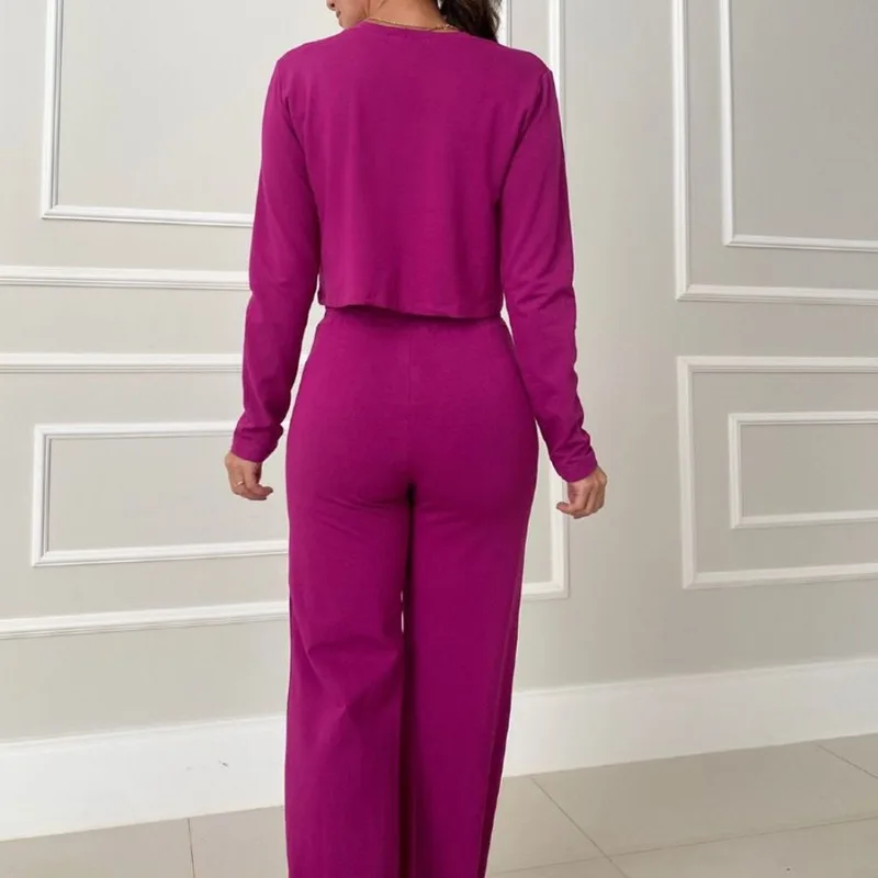 Female Fashion Crop Long Sleeve Tops & Casual Pants Set Autumn & Winter Temperament Commuting Two Piece Sets Outfits for Women