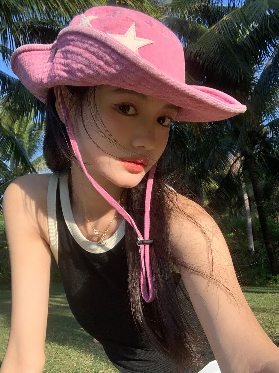Žhavý výprodej růžových retro klobouků s velkou krempou, punkových hvězd Y2K, letních venkovních, slunečních, horolezeckých, kovbojských, ležérních, jazzových_voghion.com