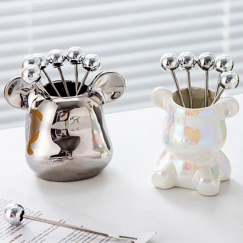 

Light Luxury Nordic Bear Fruit Fork Set Stainless Steel Fruit Fork Storage Can High Beauty Ceramic Bear Fruit Fork Can