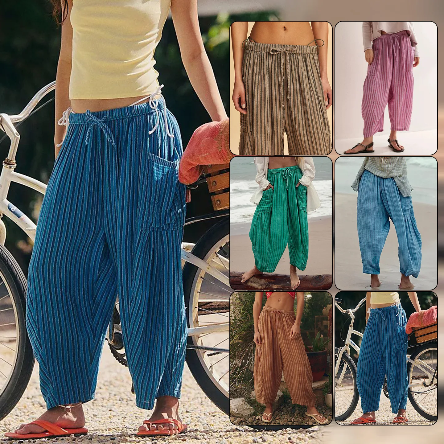 Spring Autumn Striped Straight Leg Pants For Women, Elastic Waisted Pleated Casual Pants For Women Pantalones Anchos Mujer