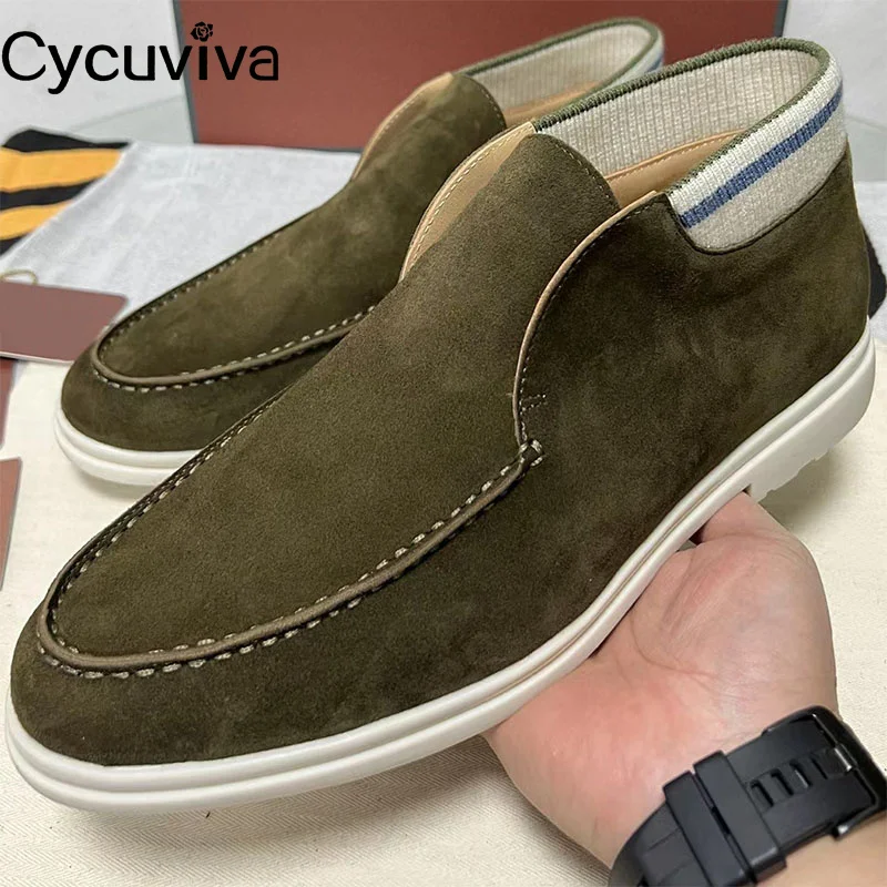 

2023 High Quality Men Loafers KidSuede Flat Casual Shoes Male High Top Slip On Mules Round Toe Summer Walk Shoes Botas Mujer