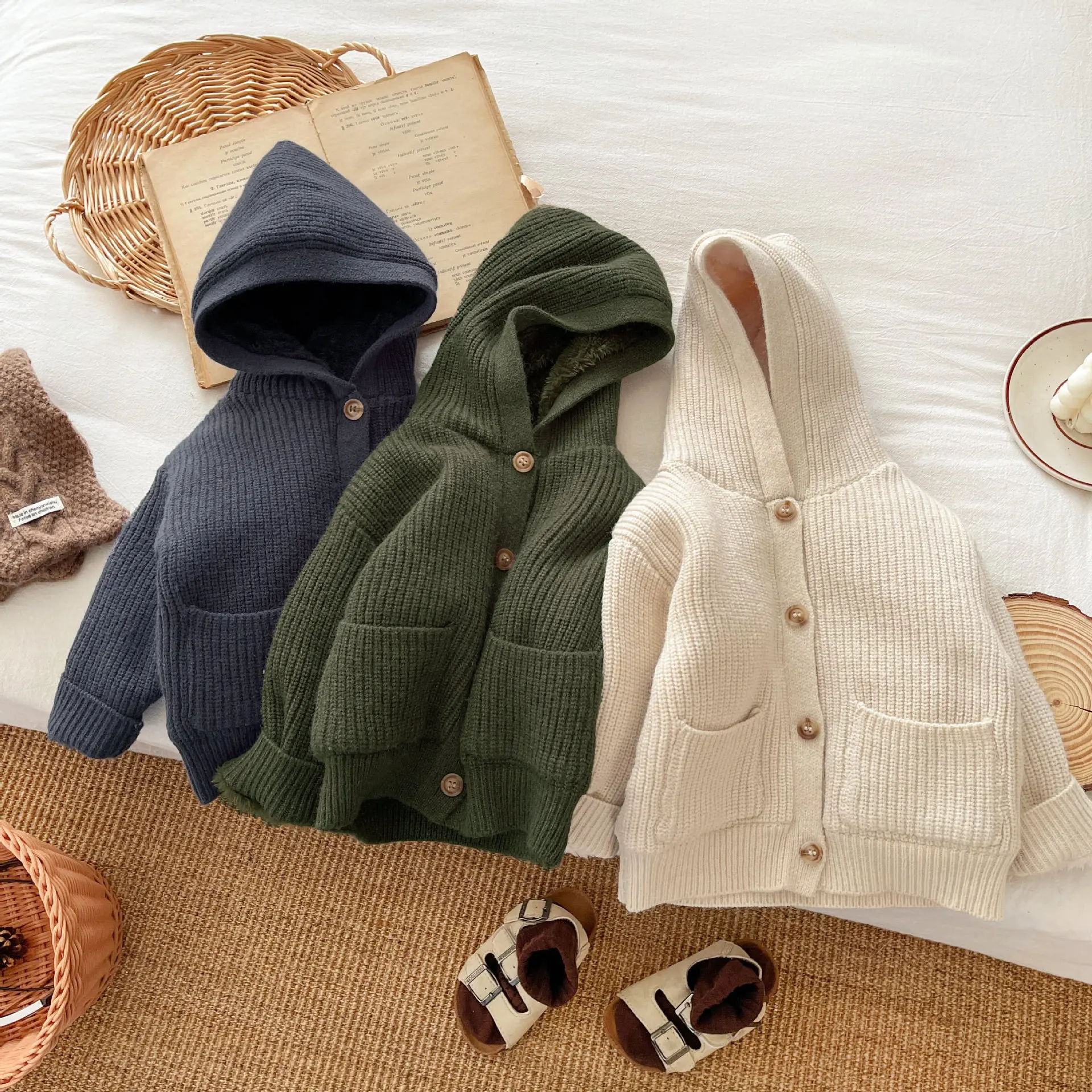 Baby Fleece Button Retro Style Hooded Coat