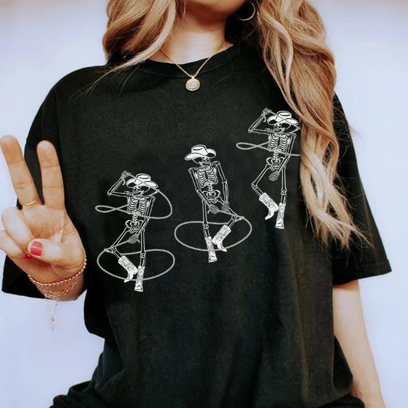 

Skeleton Cowboy Female Retro Graphic Tee Shirt Cowgirl Rodeo Western Vintage T-Shirts Women Funny T Shirts Hippie Boho Clothes