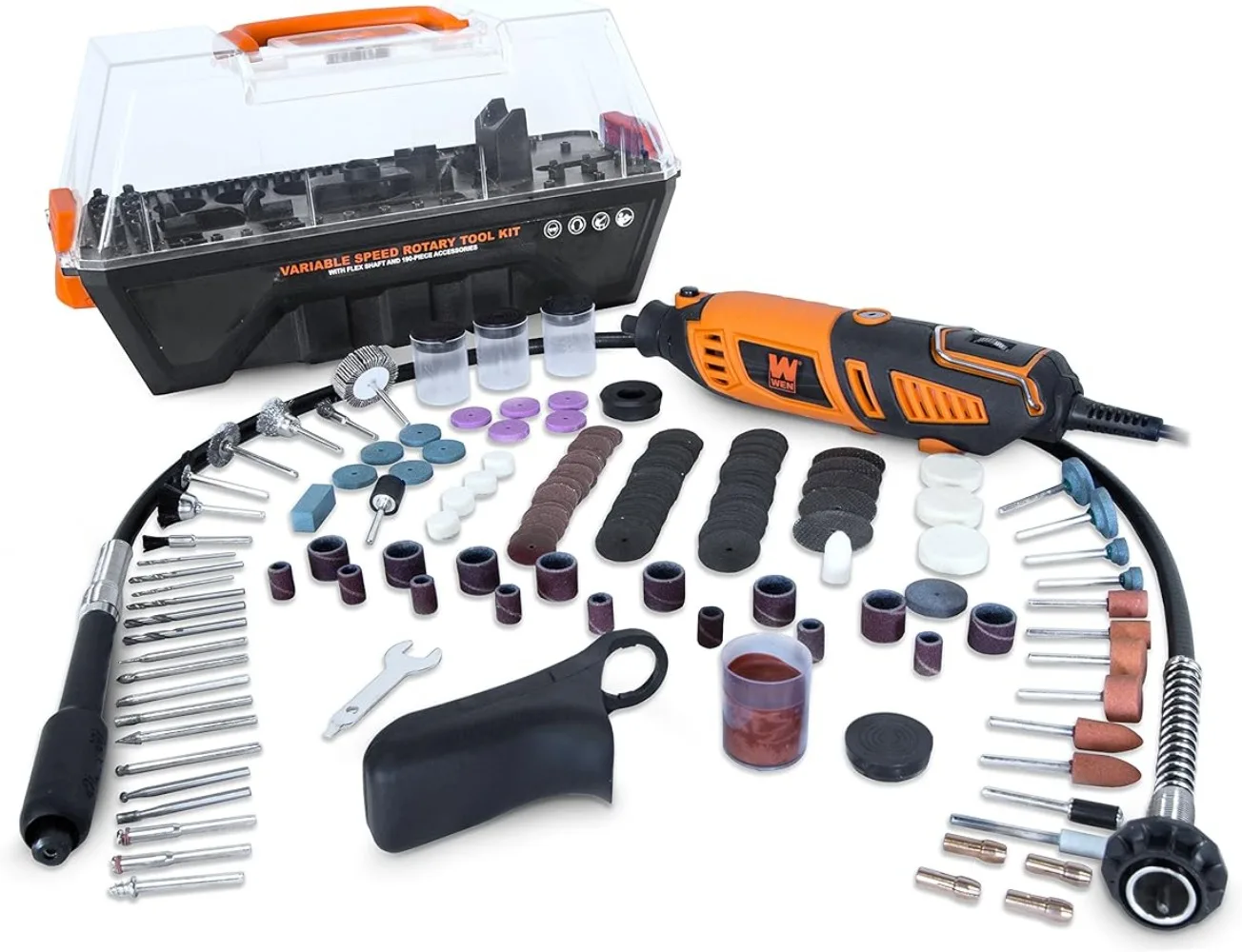 

WEN 23190 1.3-Amp Variable Speed Steady-Grip Rotary Tool with 190-Piece Accessory Kit, Flex Shaft, and Carrying Case, Multicolor