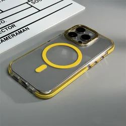 Magnetic Shockproof Clear Phone Case with Wireless Charging and Air Cushion Bumper - iPhone 14 (Yellow)