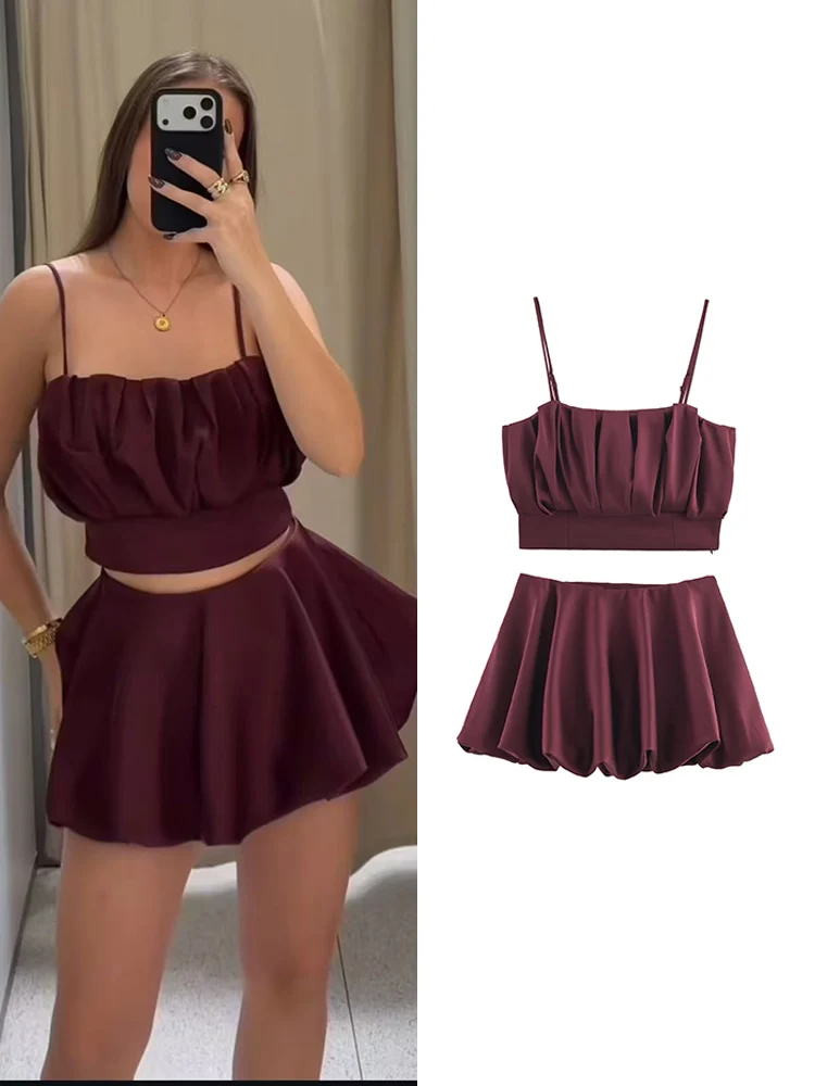Women Elegant Sling Top Mini Skirt Sets 2026 New Sleeveless Pleated Short Tops High Waist Pleated Ball Gown Ladies Chic Outfits