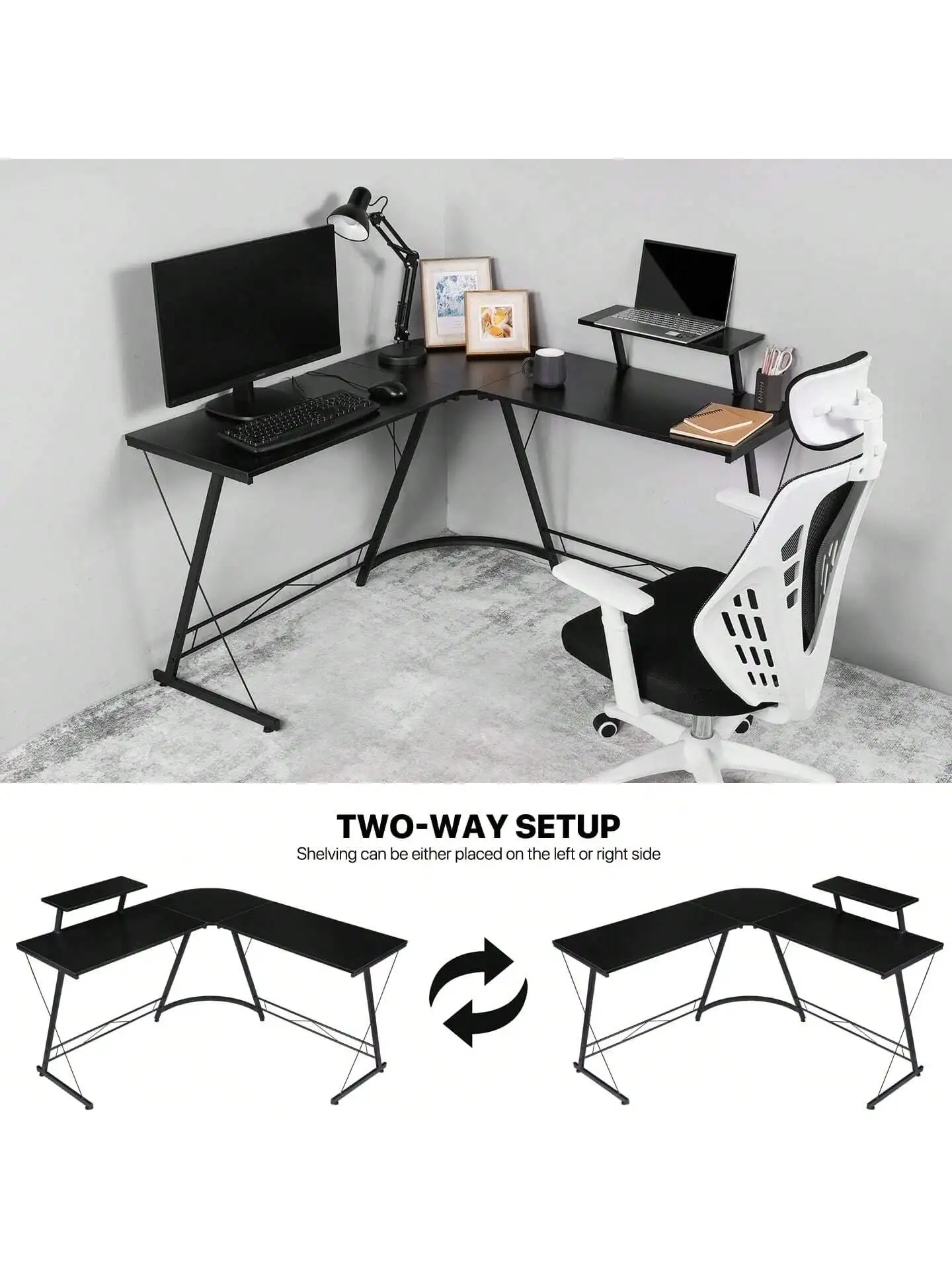 طاولة ألعاب مكتبية للألعاب على شكل حرف L مع حامل ش...